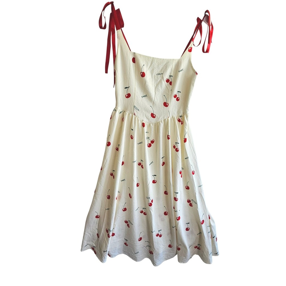 Cherry Print Tie Strap Midi Dress Cream Red Coquette Cottagecore sz M